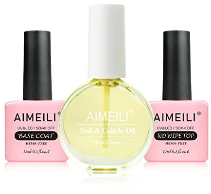 AIMEILI No Wipe Top Coat, Base Coat con Set Olio Cuticole, Set Trattamento Unghie, Olio per Cuticole Secche e Danneggiate, Soak Off UV LED Regali di Lunga Durata 3x15ML