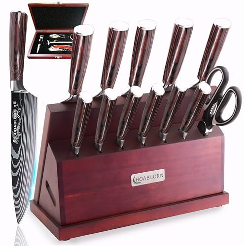 Küchenmesser Set mit Block HOABLORN Luxus 15pcs Messerblock mit Messer: Akazienmesser Halter mit starkem Magnetherz, messerset mit block,für Housewarming und Hochzeitsgeschenke