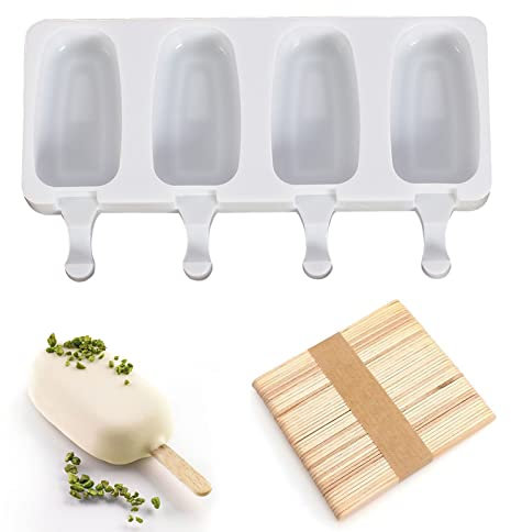 Moule à Glace En Silicone,Ice Cream Moules,Popsicle Ice Maker,Moule à Popsicle,Moules à Crème Glacée,Moule à Sucette Glacée Silicone,4 Cavités Silicone Moule à Crème Glacée+50pcs Baton De Glace(Blanc)
