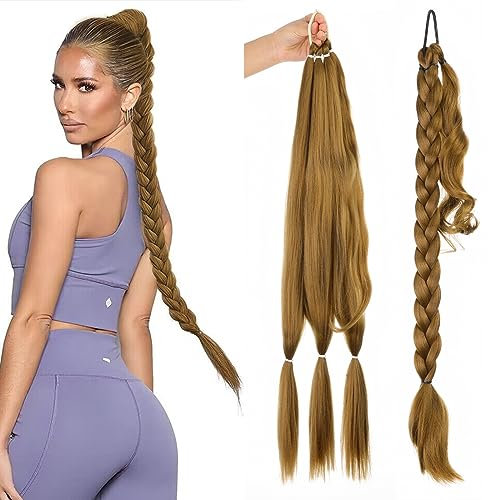 EMMOR Lange geflochtene Pferdeschwanzverlängerung mit glattem Haar,Wicklung um den Pferdeschwanz mit Haarverlängerungen,weich und gesund,für Frauen und Mädchen im täglichen Gebrauch.(Gold blond)
