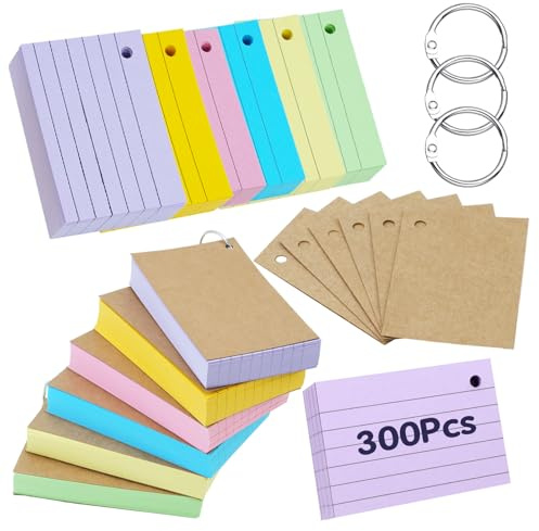 Flash Cards 300 Pièces A7 Lignées Multicolores avec 4 Anneaux de Reliure, Fiches Bristol Perforées, Cartes de Révision et Index pour École, Bureau et Étude du Vocabulaire