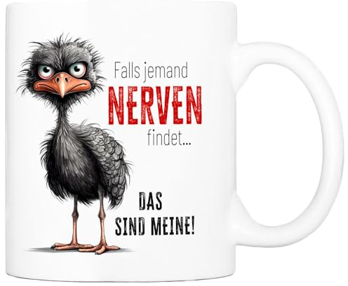 Cadouri Tasse mit Spruch Falls jemand Nerven findet Kaffeetasse Büro Arbeit, Geschenk, Keramik, Kaffeebecher, Geschenkidee Arbeitskollege, lustig, Humor, 330 ml
