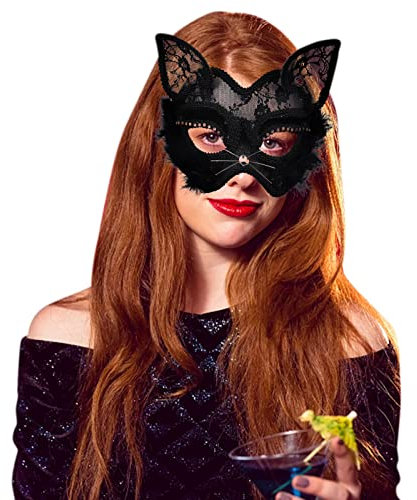 Maske Damen Katzenmaske Karneval Cosplay Spitze Gesichtsschutz Augenbinde Tier halbes Gesicht Sexy Spitze Katze Maskerade Augenschutz Frauen Abschlussball Halber Gesichtsschutz (Orange, One Size)