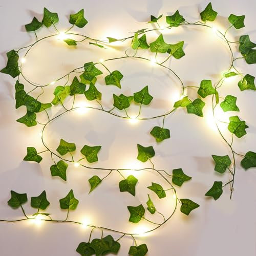 KASZOO 1 Stück Efeu Künstlich mit Lichterkette, 2M Efeu Girlande mit 20 LED-Licht, Lichterkette Efeu IP65 Wasserdicht Batteriebetrieben für Innenberei,Hochzeit, Party Deko