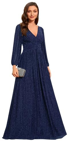 Ever-Pretty Women's Glitter A Line V Neck Pleated Long Sleeve Evening Dress Navy Blue 12UK