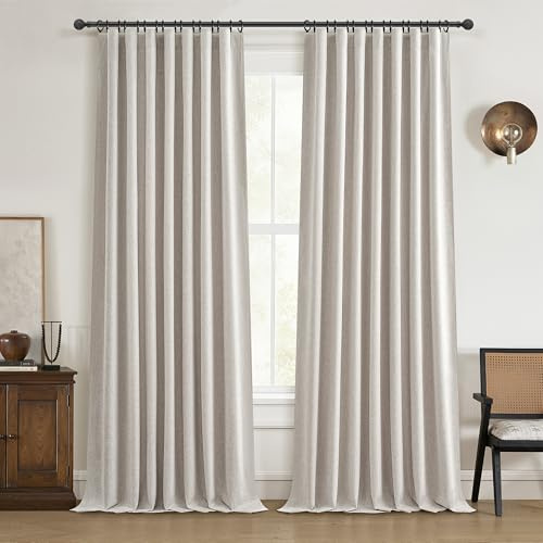 Natural Linen 86 Inch 100% Blackout Curtains for Bedroom, Pleated Heading Tape Ring Clips Back Tab Thermal Custom Made Window Curtains Living Room Modern Farmhouse (100 Wide Total, Each W50x2Pcs)