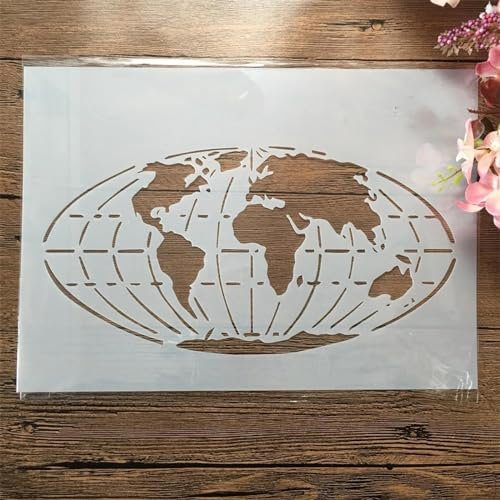 Wiederverwendbare Schablonen, A4, 29 x 21 cm, Weltkarte, Schablonen zum Malen auf Holz, Wänden, Möbeln, Leinwand, Stoff, Schildern, Felsen, DIY-Kunstprojekten, Heimdekoration