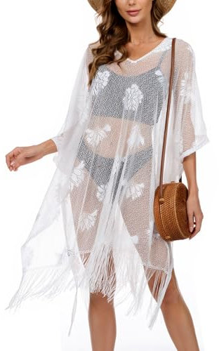 Vossmi Vestido Playa Mujer Bikini Cover Up Cuello en V Manga Corta Borla Ropa de Baño Crochet Camisolas y Pareos para Mujer,Blanco