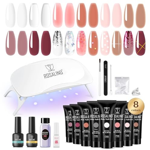 ROSALIND Kit Ongle Gel UV Complet, 8*10ml Poly Extension d'ongles en Gel Complet Kit Avec Lampe UV, Base & Top Coat Gel et Outils de Manucure, DIY Nail Art Ongles Gel Kit pour Débutant