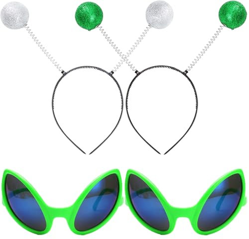 Chyuxinda 4pcs Alien Kostüm Set Alien Brille und 2pcs Martian Antenne Stirnband für Karneval Halloween Space Martian Theme Party Cosplay Urlaubspartys