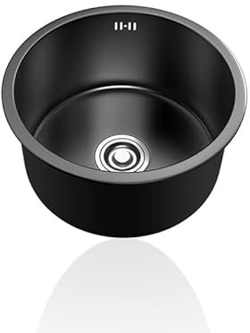Lavabo Cuisine Rond,Petit Evier Noir,éVier de Cuisine,Evier Cuisine 1 Bac en Inox Avec Raccords de Vidange,pour Bateau,Caravane, Camping,FaçOns D'Installer Sur Le Plan Et Sous Plan (Ø 28cm)