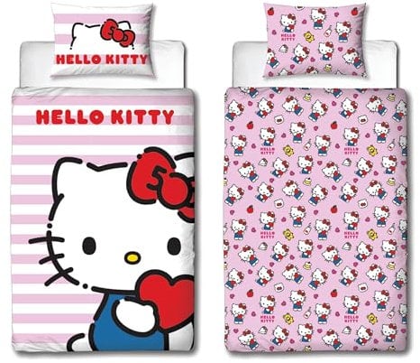 Hello Kitty Bettwäsche-Set für Einzelbett, offizielles Lizenzprodukt, Hello Design, wendbar, 2-seitig, Katzen-Bettwäsche, inkl. passendem Kissenbezug, perfekt für Kinderzimmer, Polycotton