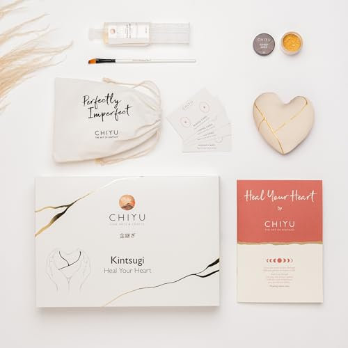 CHIYU Kit Kintsugi - Heal Your Heart - Pegamento Dorado - Incluye Corazón de cerámica - Caja de Regalo - Kit de Reparación Kintsugi - Marfil
