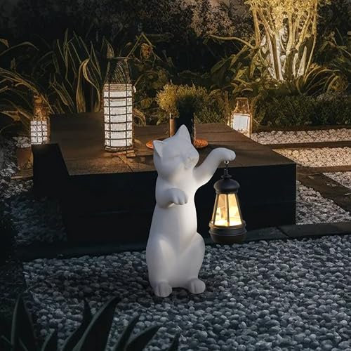 mikilov Katze Harz Statue mit Solar Laterne (Hand L 40cm Statue Dekoration, Rasen Statue, Garten Home Decor, Skulptur Ornament, Tierfigur für Balkon Garten