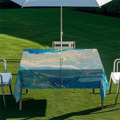 Highdi Tischdecke mit Loch in der Mitte, Abwaschbar Rechteckig Tischdecke mit Schirmloch Outdoor Tischdecke mit Reißverschluss Gartentischdecke für Sonnenschirm (Grüner Marmor 4,213x152cm)