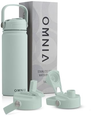 OMNIA Vacuum Insulated Stainless Steel Water Bottle, 2 Lids (Straw & Spout) Leakproof, BPA-Free, Reusable Flask, Hot & Cold Thermos for Sports, Gym, Travel, Outdoors (Cool Green, 540ML)