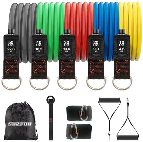 SURFOU Fitnessbänder Set, 5 Widerstandsbänder mit Griffen und Türanker | Mit Knöchelriemen, Trainingsplakat und Tragetasche, geeignet für Krafttraining, Pilates, Fitness und Workouts zu Hause