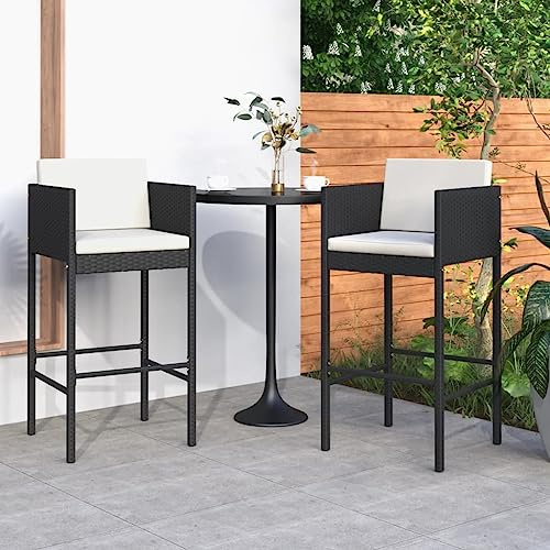 Tonture Barhocker 2 STK. mit Kissen Schwarz, Poly Rattan, 50x48x100cm, witterungsbeständig für Outdoor-Dining, Balkon & Küche