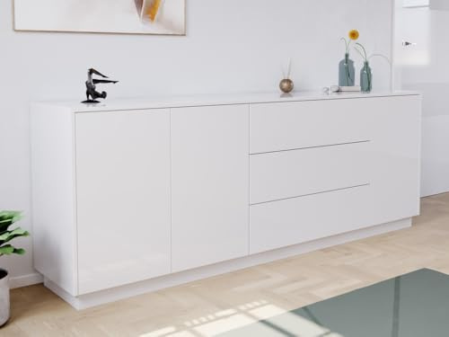 Magnolia Home Sideboard Silia B stehend 200cm 3 Türen 3 Pushauszüge Weiß Hochglanz