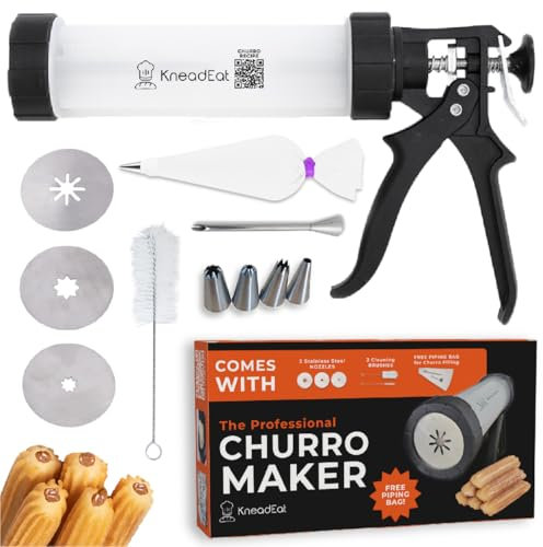KneadEat Churro Maker Professional Churrera - Churros Gun Kit Set Enthält einen Spritzbeutel mit einer großen Nadel QR E-Rezept enthalten - Churro Cookie Press (Gun Pro)