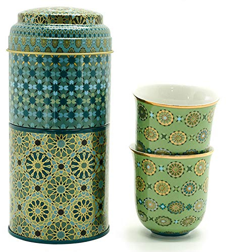 IMAGES D'ORIENT Geschenkset 2 in 1 Metalldosen mit 2 x 90ml Porcalain Espressotassen Espressobecher Moccatassen bunt orientalisch Gemustert