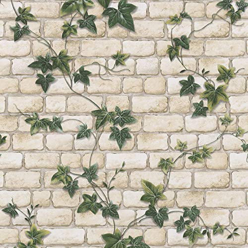 Steinwand Tapete mit Efeu | Vintage Mauertapete in Crème und Grün | Ausgefallene Papiertapete in Steinoptik für Wohnzimmer
