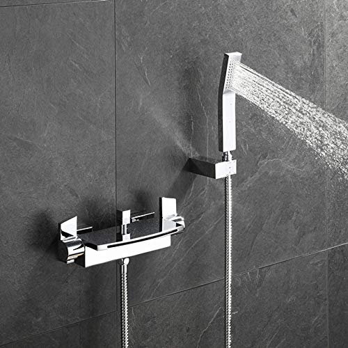 Badewannenarmatur mit Handbrause Wasserfall Wandmontage Messing Einhand-Wannenarmatur Duschkopf Wassersparend Armatur Mischbatterie Badewanne mit Brause-Chrom