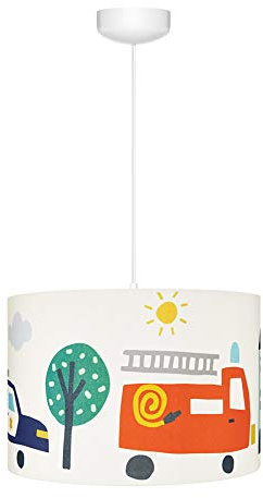 LAMPS & COMPANY Deckenlampe Kinderzimmer mit Automotiv, bunt Kinderlampe Decke, ideal für Kinderzimmer Deko Junge und Babyzimmer Deko, rund Lampe Decke, Lampenschirm Durchmesser: 35 cm, Rot
