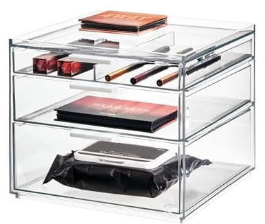 iDesign Maquillaje, cajonera pequeña con 3 cajones de la colección Exclusiva de Sarah Tanno, Organizador de plástico para cosméticos y Utensilios, Transparente, 21 x 20,3 x 17,8 cm