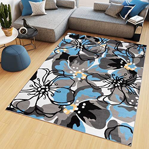 TAPISO Maya Teppich Wohnzimmer Kurzflor Modern Floral Blumen Design Schwarz Grau Blau Weiß Schlafzimmer Kinderzimmer ÖKOTEX 80 x 150 cm