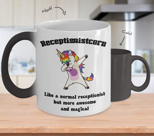Receptionist coffee mug secretary appreciation dabbing rainbow unicorn dab, 11 oz heat sensitive color changing mug, Coworker from employee boss gag