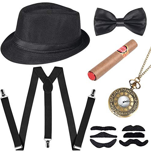 Cucudy 1920s Kostüm Herren 20er Jahre Accessoires Inklusive Panama Gangster Hut Verstellbar Elastisch Hosenträger Herren Halsschleife Fliege （Schwarz）