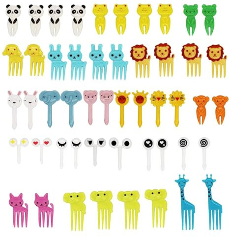Mini tenedores de frutas de dibujos animados para niños, palillos de dientes para niños accesorios para bento, mini pinchos palillos de dientes adultos postre frutas fiesta infantil (50 unidades)