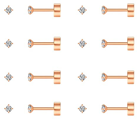 FOSIR 8 Pairs Tiny Flat Back Earrings for Women Men Surgical Stainless Steel Stud Earrings Cubic Zirconia Cartilage Earring Hypoallergenic