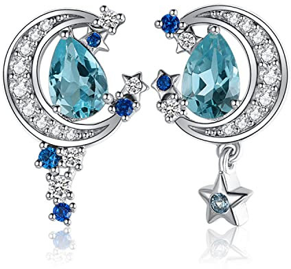 JewelryPalace Mond und Stern Tropfenschliff 2.2ct Echt Blautopas Erstellt Saphir Ohrstecker Silber 925 Damen, Blau Topas Stein Schmuck Set, Ohrringe Silber Edelstein Mädchen, Modeschmuck für Frauen