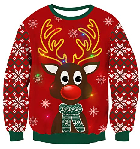 Freshhoodies Weihnachts Pullover Herren Damen Ugly Christmas Sweater Rentier Muster Weihnachtspullover Mit Beleuchtung Herbst Winter Lange Ärmel Neuheit Rot Weihnachtspulli Hässliche Pulli XL