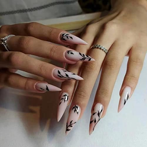JUSTOTRY 24 Stück Stiletto Nägel Zum Aufkleben Lang, Nude French Künstliche Nägel, Bamboo Mandel Kunstnägel Press on Nails, Pretty Fingernägel Fake Nails für Frauen