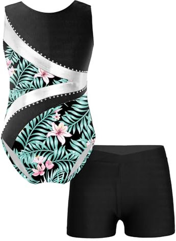 Oyolan Mädchen Turnanzug Ärmellos Balletttrikot Patchwork Gymnastik Strasss Leotards Tanzbody mit Shorts Trikotanzug Tanzkostüm Schwarz 134-140