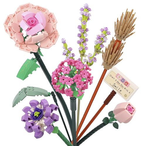 BELLE VOUS 547-Teiliges Klemmbausteine Blumen Set - Künstliche Blumenstrauß Bausteine - Kreativ Set für Erwachsene - Deko für Zuhause, oder als Weihnachts /-Valentinstagsgeschenk