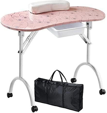 Nageltisch, tragbarer klappbarer Maniküretisch Nageltechniker-Schreibtisch mit Handgelenkauflage für Kunden/1 Schublade/abschließbares Rad/Tragetasche, für Home Spa Beauty Salon (R