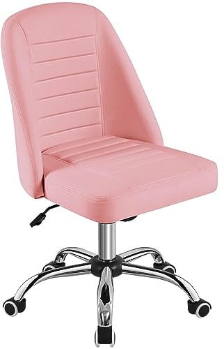 Yaheetech Mid Back Faux Leather Office Desk Chair Modern Vanity Chair Armless Swivel Chairs w/Lumbar Support Pink