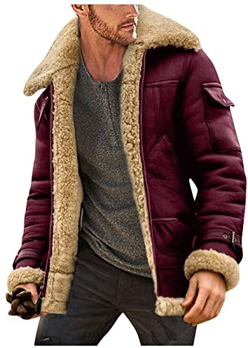 UnoSheng Wintermantel für Herren, Übergröße, Reverskragen, lange Ärmel, gepolsterte Lederjacke, Vintage, dicker Mantel, Schaffell, gebänderter Pullover, wein, M