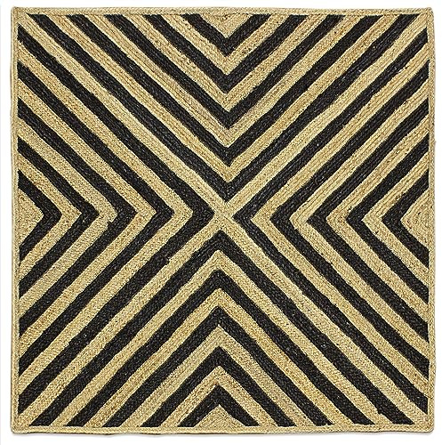 Handgeflochtener Jute-Kelim-Teppich, 91 cm, quadratischer Teppich, Beige und Schwarz, Design-Teppich, dick, 0,7 cm, geometrisches Muster, Flachgewebe-Teppich, für drinnen und draußen, Teppiche für