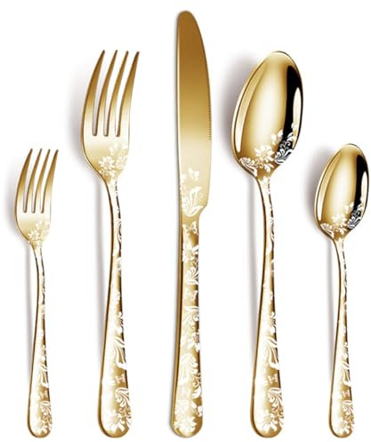 XIAOYU 5 Pieces Silverware Set, Black Flatware Set, Stainless Steel Mirror Polished Cutlery Set, Spoons Forks Knives Set with Unique Floral Laser, Gold