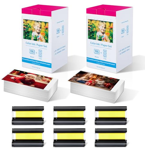 Ersatz für Canon Selphy CP1300 Fotopapier und Kartusche, für Canon CP1500 CP1300 CP1200 CP1000 CP910 CP900 CP780 Fotodrucker, KP-108IN 6x KP-36IP 216 Foto Papier (10 x 15cm) + 6 Kartusche