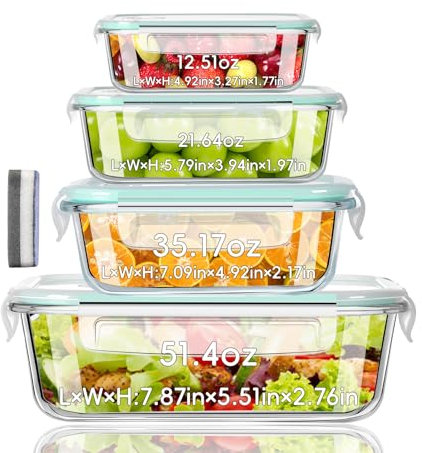 IUGHN Set of 4 Glass Containers with Lids, BPA - Free Meal Prep Containers Reusable (1x370ml/1x640ml/1x1040/1x1520 ml), Glass Food Storage Containers, for Microwave, Oven, Freezer and Dishwasher