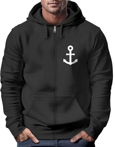 Neverless® Zip-Hoodie Herren Sweatjacke mit Kapuze Anker Logo Print Männer Fashion Streetstyle schwarz L