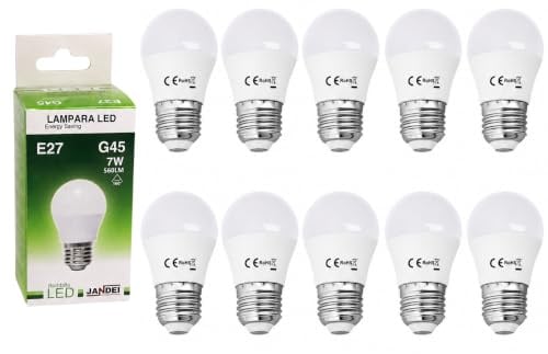 Jandei - Pack de 10 x Bombillas LED mini G45, Casquillo E27, 7W (equivale a 60W), 630 Lúmenes para Lámparas de Techo, Lámparas de Mesilla, Dormitorio, Salón (6000K Blanco Frío)