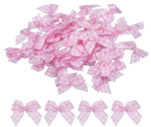 QUARKZMAN 50 Stück Mini Schleifen 25mm Karierte Stoff-Satinband Klein Weihnachtsschleifen Vintage Bogen zum Basteln DIY Haar Geschenk Nähen Hochzeit Geburtstag Weihnachtsdeko, Rosa Weiß