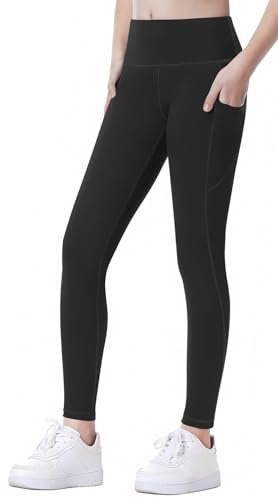 SEAUR Mädchen Sport Leggings Lang Yogahose mit 2 Taschen Einfarbig Eng Jogginghose Laufhose Sporthose Trainninghose - 160 (146-152)